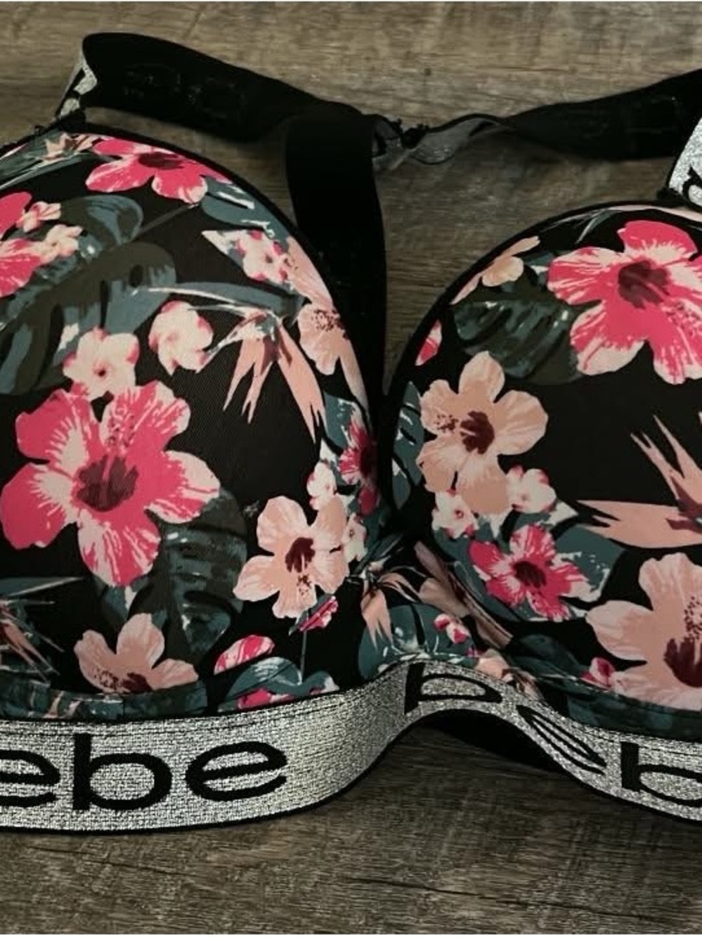 bebe Black Bra with Pink Floral Print and Silver Logo Band